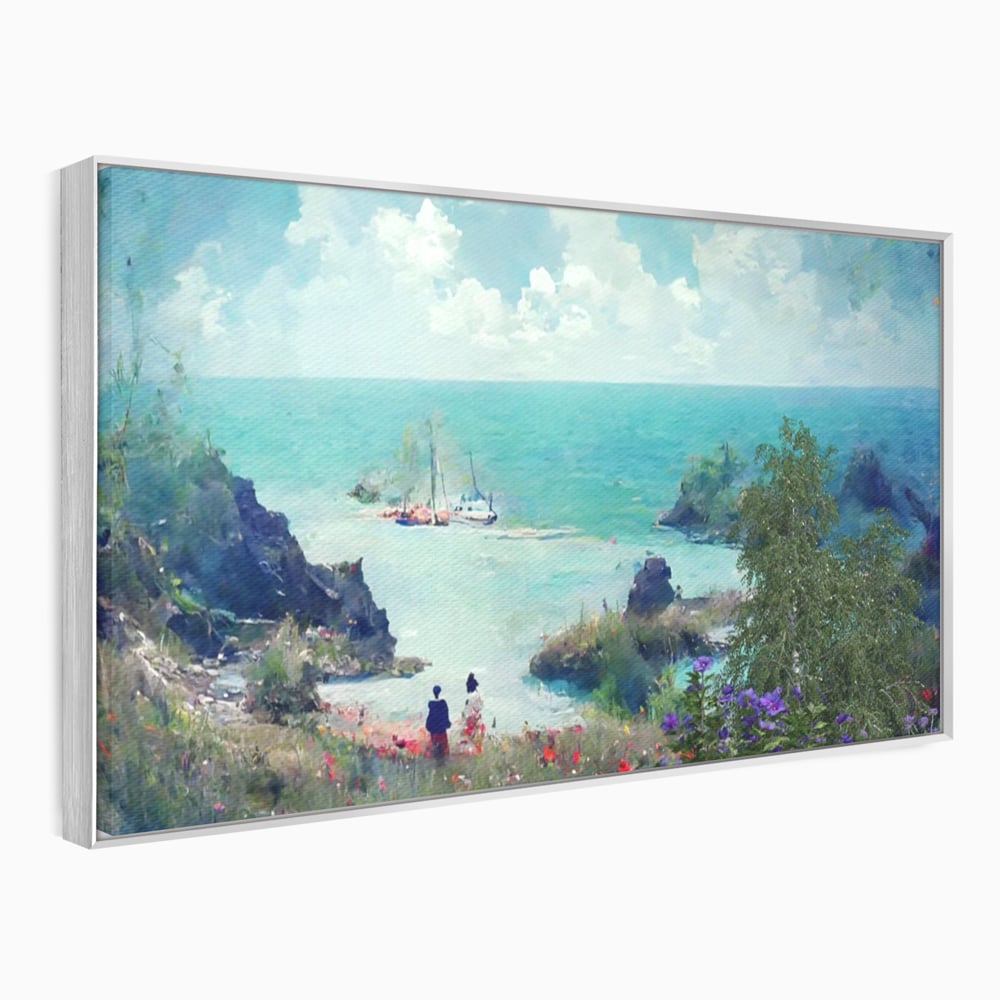Tablou canvas cu pictura peisaj marin cu oameni si flori, in rama de aluminiu argintiu